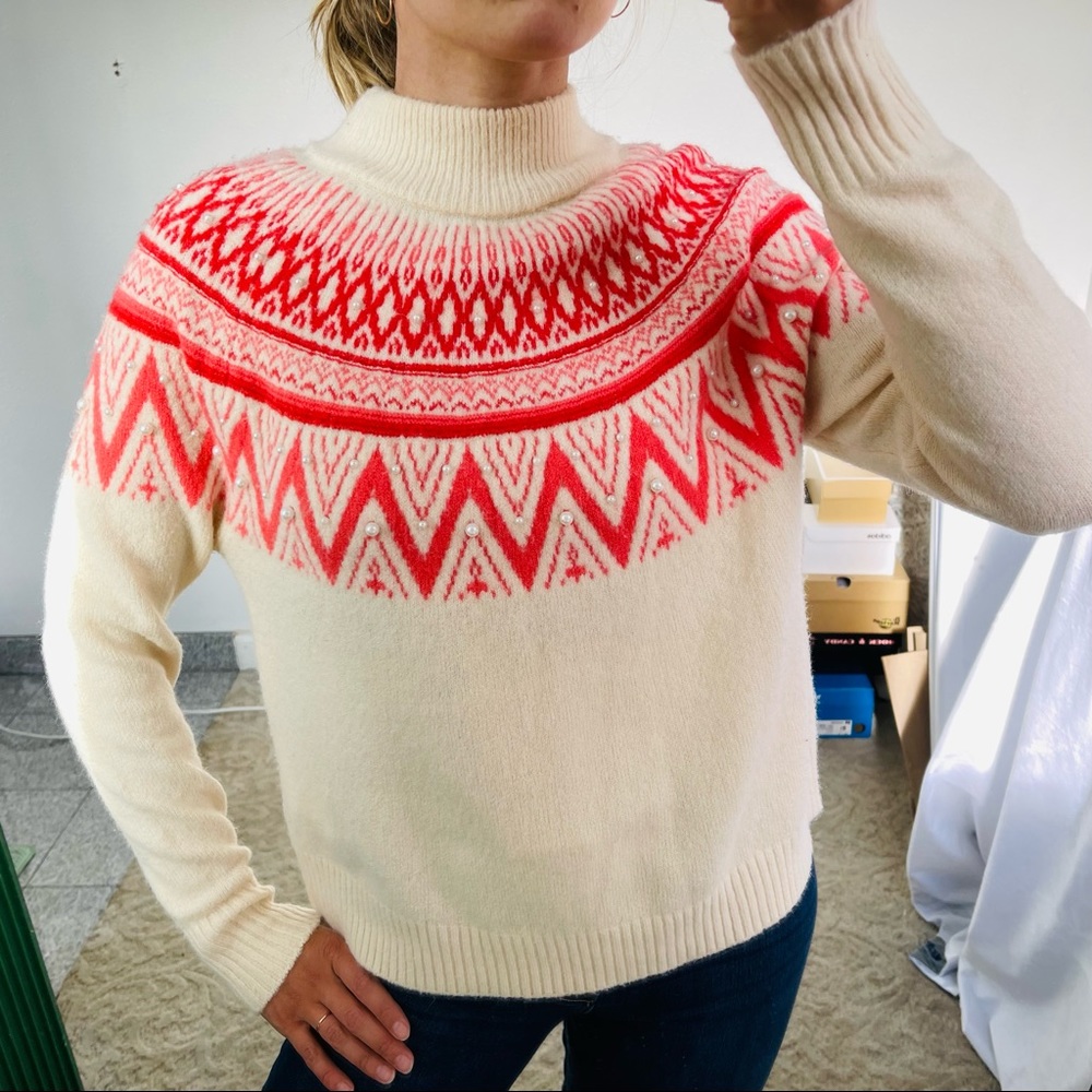Viva La Vida beaded with pearls cream crew scoop neck sweater Scandinavian